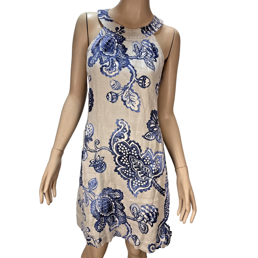 J McLaughlin Womens A-Line Blue Tan Floral Linen Dress Size 2 Sleeveless Pockets